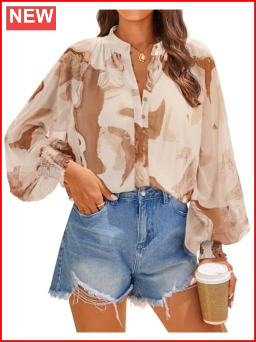 Women's Floral Boho Button Down Chiffon Blouse Long Sleeve Smocked Cuff